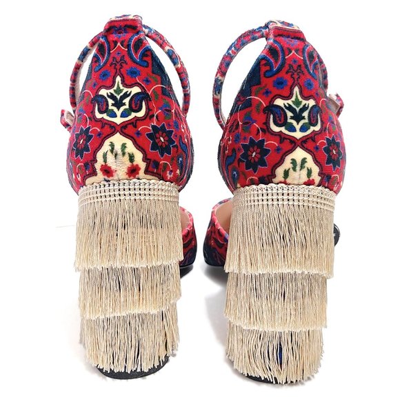 Leandra Medine Batik Print Fringe d’Orsay Pumps Women 38 EU - Picture 3 of 9